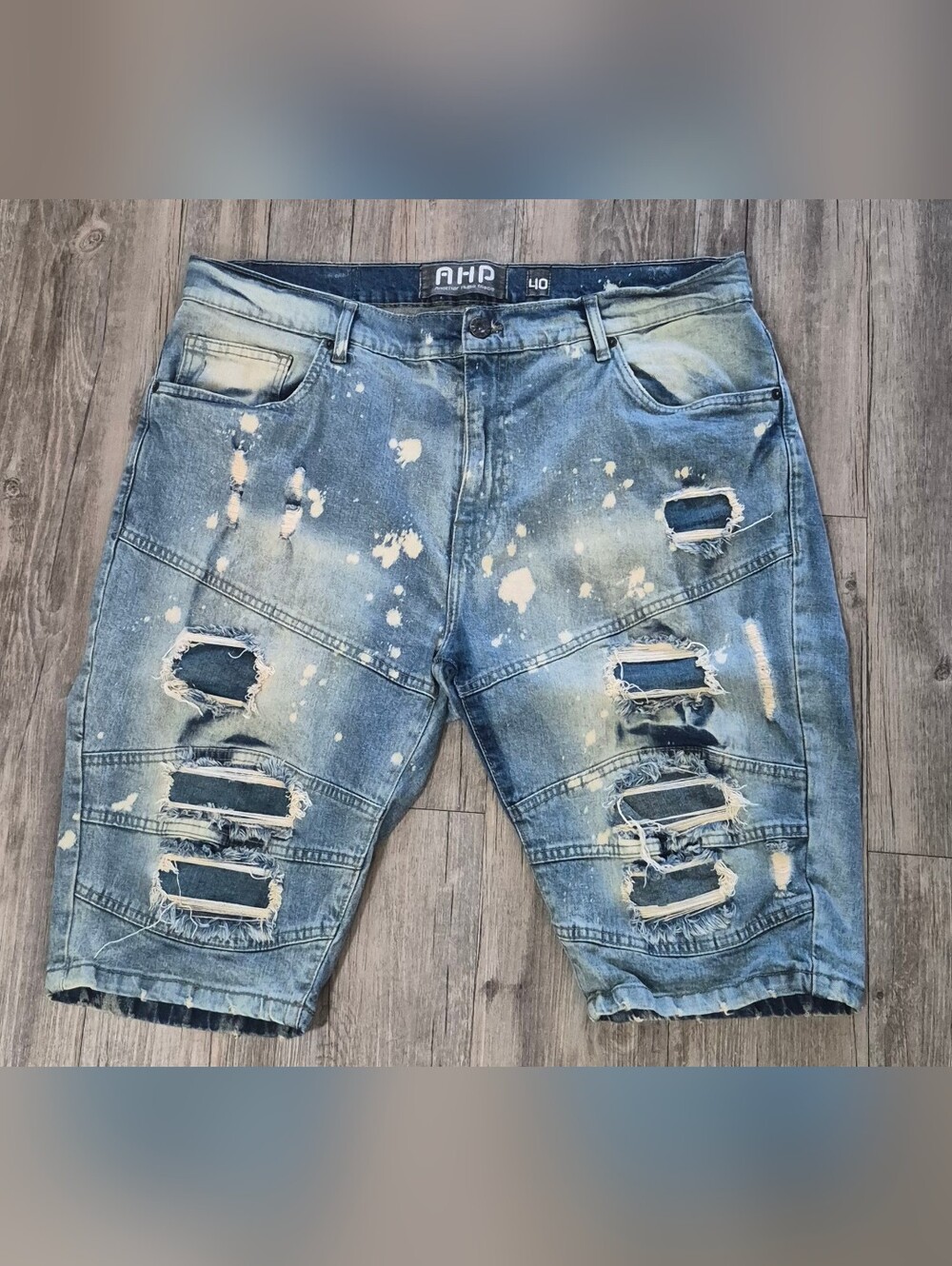 Mens AHP Another Hype Piece Distressed Denim Shorts Biker Bleach Splatter‎ 40